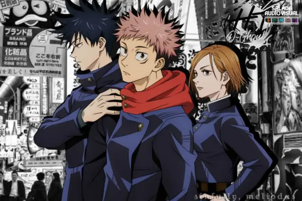 Personagens de Jujutsu Kaisen em fundo preto e branco estilizado